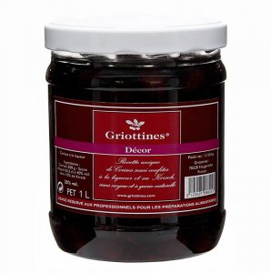 Griottines Dekor, halbkandierte Sauerkirschen ohne Kern, mit Stiel, 25% vol., 1 l