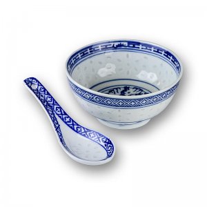 Reis Löffel und -Schälchen, weiß/blau, China, ø 11 cm, 1 Stück