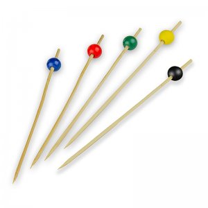 Bambus-Spieße, mit Kugel, 5 Farben (rot, braun, gelb, blau, schwarz), 15 cm, 100 Stück